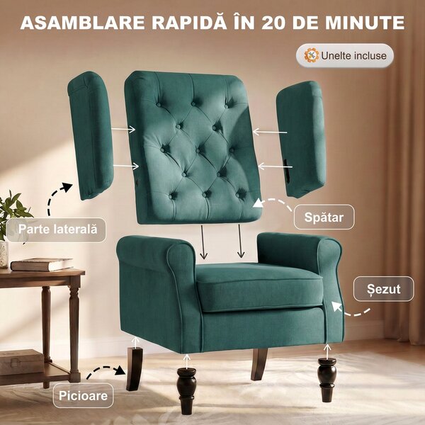 HOMCOM Scaun Accent Clasic cu Picioare de Lemn, Verde închis | Aosom Romania