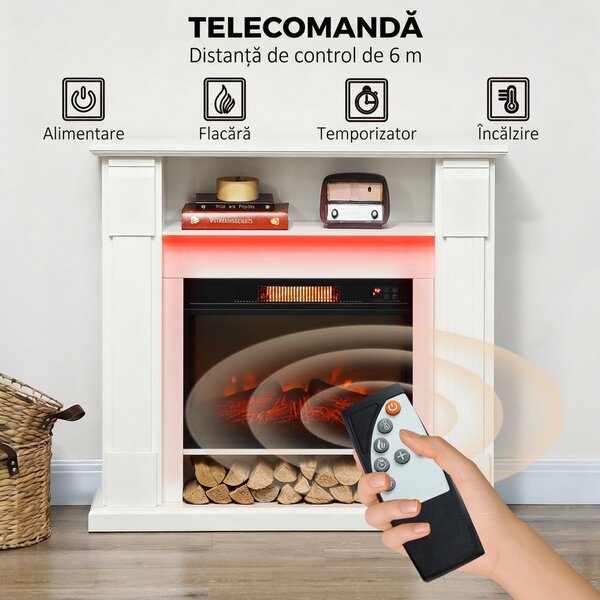 HOMCOM Șemineu Electric Reglabil cu Flacără 3D, Temporizator și Telecomandă Alb | Aosom Romania