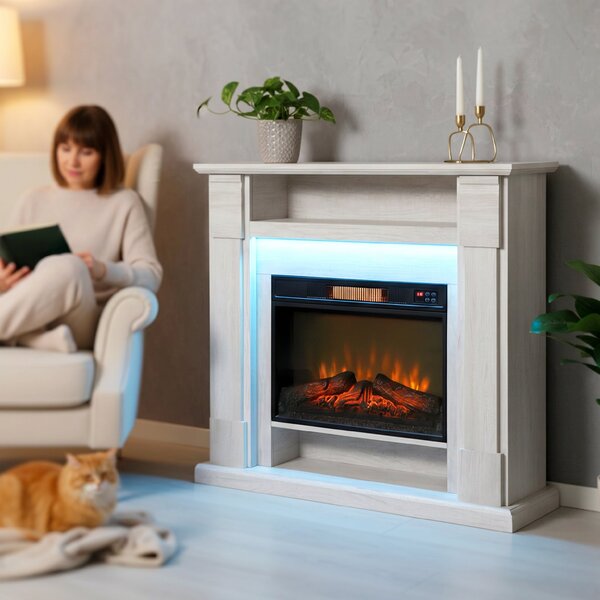 HOMCOM Șemineu Electric 1800W Reglabil cu Flacără 3D, Raft, Timer și Telecomandă, 105x27x97 cm, culoare Lemn | Aosom Romania