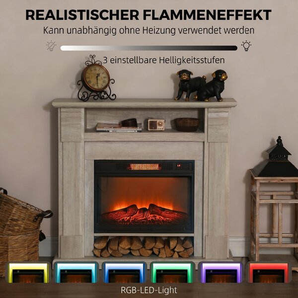 HOMCOM Șemineu Electric 1800W Reglabil cu Flacără 3D, Raft, Timer și Telecomandă, 105x27x97 cm, culoare Lemn | Aosom Romania