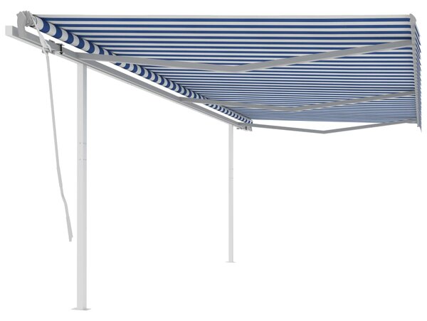 Copertină retractabilă manual cu stâlpi, albastru/alb, 6x3,5 m