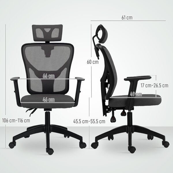 Vinsetto Scaun de Birou cu Inaltime Reglabila, 66x61x106-116cm, Gri Închis | Aosom Romania