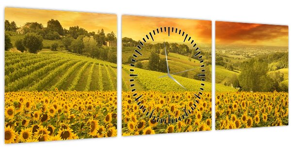 Tablou - Câmp de floarea-soarelui (cu ceas) (90x30 cm)