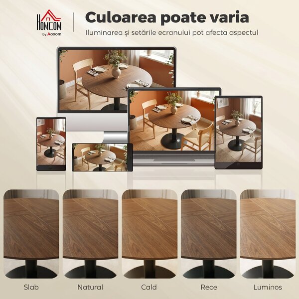 HOMCOM Masă rotundă de dining pentru 6 persoane, Ø110x78 cm, cu bază din oțel, maro cu efect de lemn | Aosom Romania