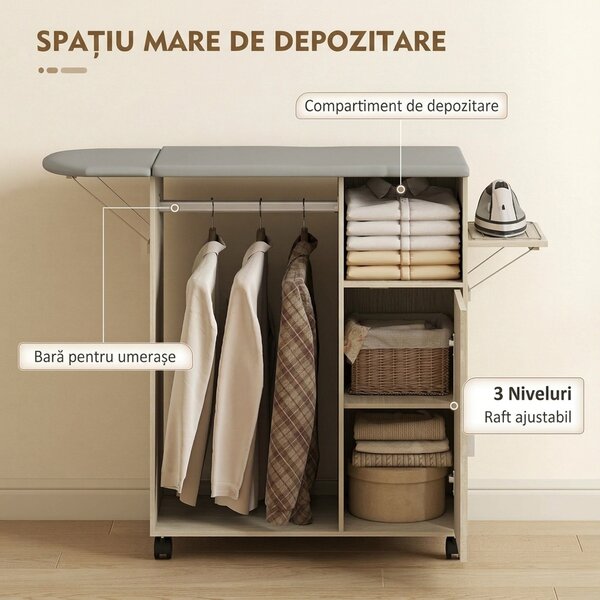 HOMCOM Dulap Masa Calcat – 3 Rafturi, Blat Burete & Ghidaj Rufe | Aosom Romania