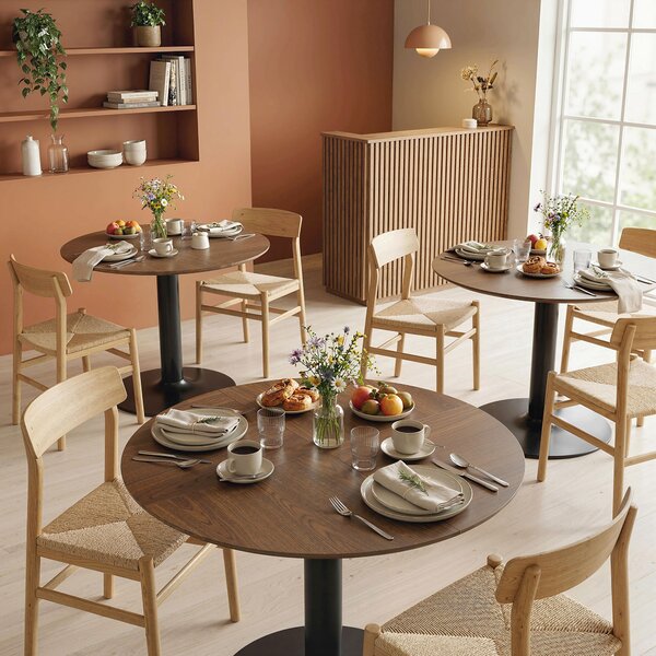 HOMCOM Masă rotundă de dining pentru 6 persoane, Ø110x78 cm, cu bază din oțel, maro cu efect de lemn | Aosom Romania