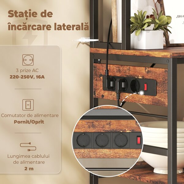 HOMCOM Raft de Bucătărie cu Prize și Rafturi Reglabile, Raft pentru Cuptor cu Microunde cu 5 Niveluri, Panou cu Grilaj și 10 Cârlige, Mobilier Vintage Structură din Oțel, 80x40x170 cm, Maro Rustic | Aosom Romania