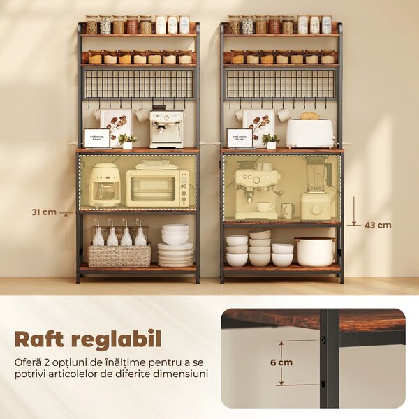 HOMCOM Raft de Bucătărie cu Prize și Rafturi Reglabile, Raft pentru Cuptor cu Microunde cu 5 Niveluri, Panou cu Grilaj și 10 Cârlige, Mobilier Vintage Structură din Oțel, 80x40x170 cm, Maro Rustic | Aosom Romania