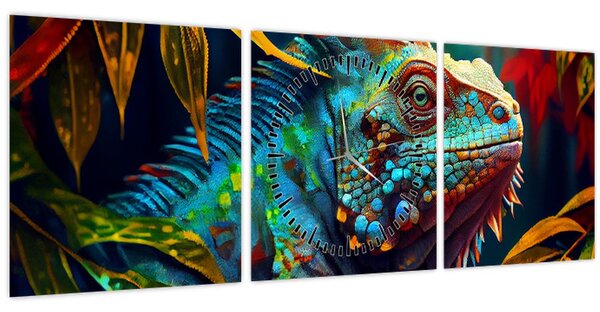 Tablou - Iguana colorată (cu ceas) (90x30 cm)