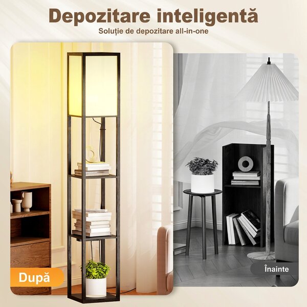 Lampă de Podea HOMCOM LED cu Rafturi, Lampă Modernă cu Comutator și Porturi USB, Lumină Reglabilă pentru Living și Dormitor, Neagră | Aosom Romania