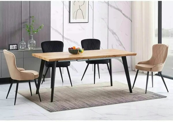 Scaun catifea dining Lotus, bej/negru, stofa/metal, 52x45x91 cm