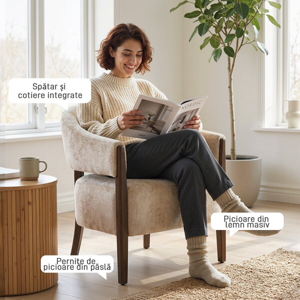 HOMCOM Fotoliu Elegante Tapițat cu Catifea Chenille și Cadru din Lemn Masiv, Fotoliu Modern pentru Living și Dormitor, Bej | Aosom Romania