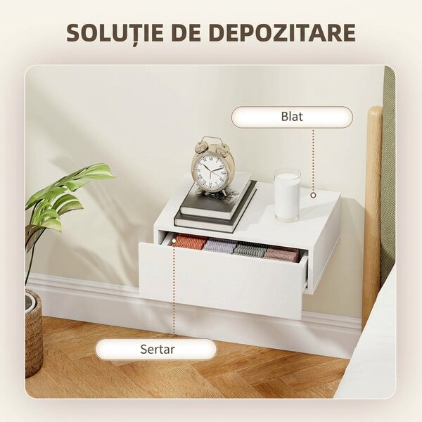 HOMCOM Set de 2 Noptiere Suspendate pentru Dormitor cu Sertar, 40x30x15 cm, Alb | Aosom Romania