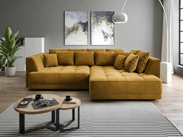Coltar de living TIGA, sezlong dreapta, stofa clasica galben mustar -
