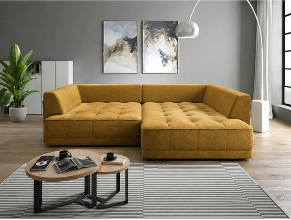 Coltar de living TIGA, sezlong dreapta, stofa clasica galben mustar -
