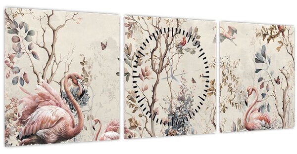 Tablou - Desen de flamingo (cu ceas) (90x30 cm)
