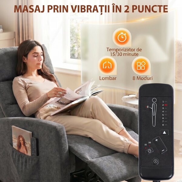 HOMCOM Fotoliu Reclinabil Manual cu Masaj 160°, Chenille, Suport Picioare, Telecomandă, Buzunare, Gri Închis | Aosom Romania