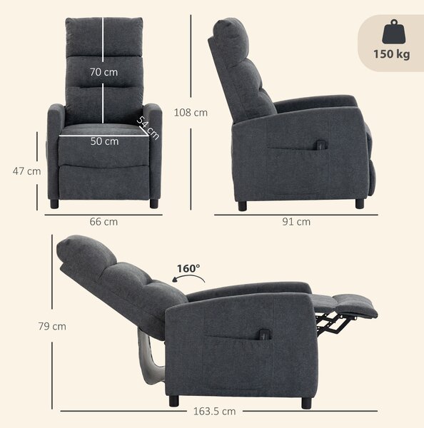 HOMCOM Fotoliu Reclinabil Manual cu Masaj 160°, Chenille, Suport Picioare, Telecomandă, Buzunare, Gri Închis | Aosom Romania