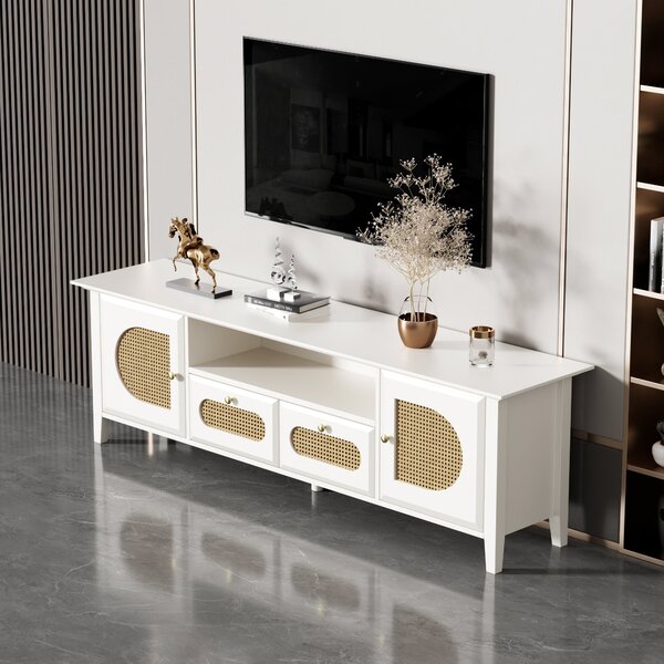 Mobilierul TV din Rattan Curbat cu Uși Pictate și Compartimente Deschise, 160x38x50 cm, Alb