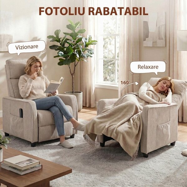 HOMCOM Fotoliu Masaj Reclinabil Manual din Material Textil Tip In cu Telecomandă, Crem | Aosom Romania