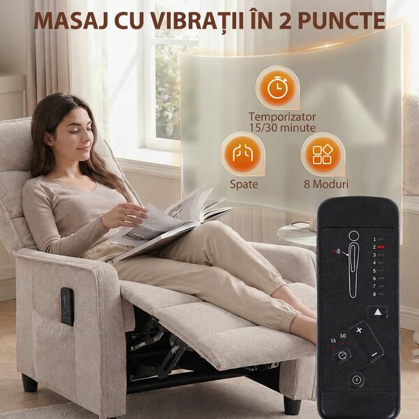 HOMCOM Fotoliu Masaj Reclinabil Manual din Material Textil Tip In cu Telecomandă, Crem | Aosom Romania