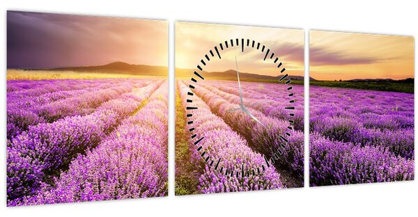Tablou - Răsărit de soare în câmp de lavandă (cu ceas) (90x30 cm)