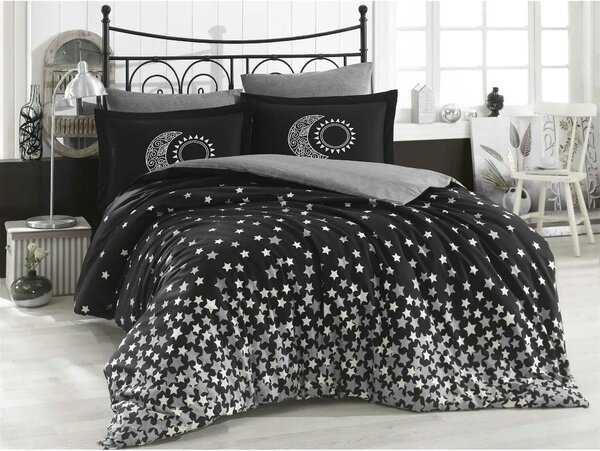 Set lenjerie pat dublu STARS, bumbac, negru/gri, 240x260 cm, cu cearce