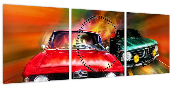 Tablou - Mașini de curse retro (cu ceas) (90x30 cm)