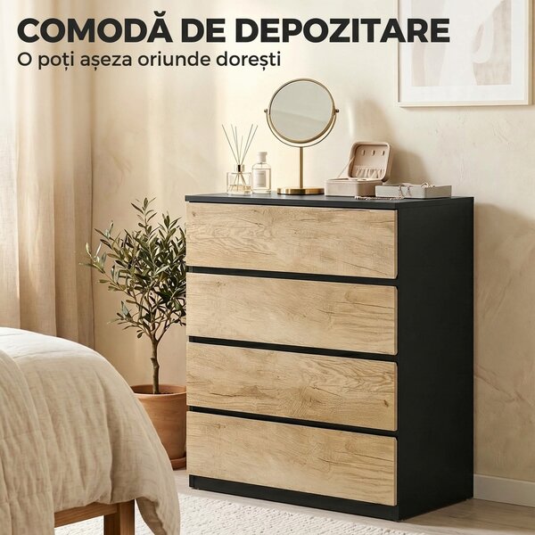 HOMCOM Comodă cu 4 Sertare din Lemn cu Șine Metalice și Mânere Frezate, 60x40x80 cm, Negru și Stejar | Aosom Romania