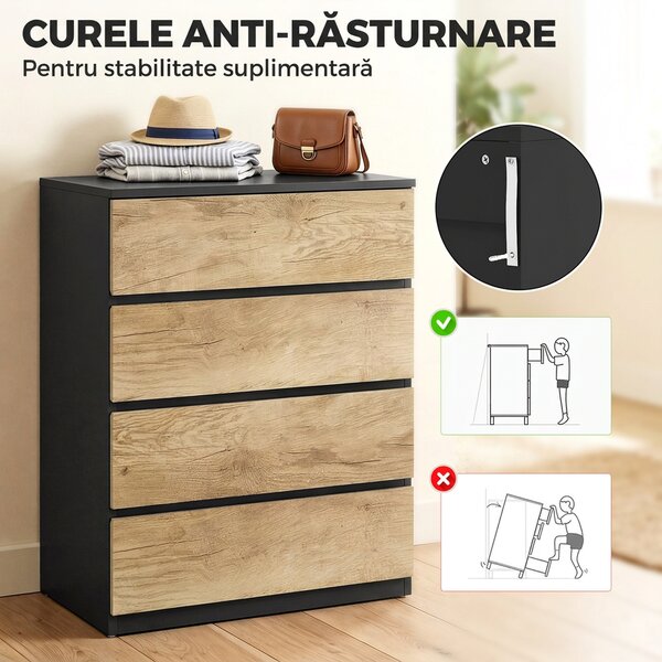 HOMCOM Comodă cu 4 Sertare din Lemn cu Șine Metalice și Mânere Frezate, 60x40x80 cm, Negru și Stejar | Aosom Romania