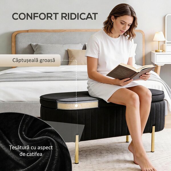 HOMCOM Bancă de Depozitare Ovală 72L cu Capac Rabatabil, din Catifea și Lemn, 108 x 44 x 43,5 cm, Negru | Aosom Romania