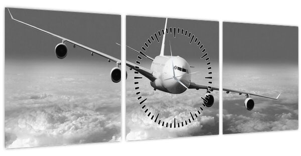 Tablou - Avion în nori, alb și negru (cu ceas) (90x30 cm)