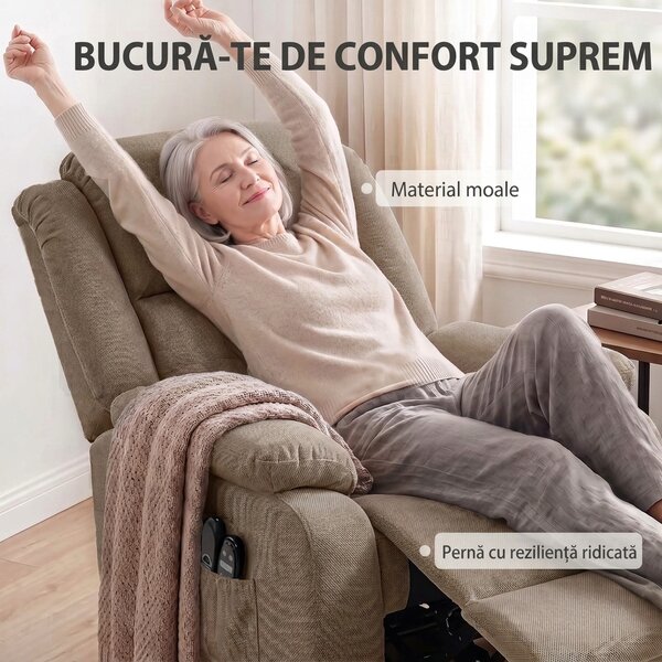 HOMCOM Fotoliu electric cu ridicare asistată, reclinabil 150°, șezut lat, cu masaj și încălzire, catifea, maro deschis | Aosom Romania