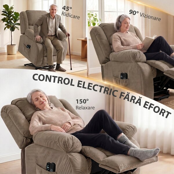 HOMCOM Fotoliu electric cu ridicare asistată, reclinabil 150°, șezut lat, cu masaj și încălzire, catifea, maro deschis | Aosom Romania