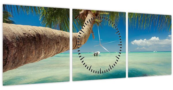 Tablou - Mare curată cu palmier (cu ceas) (90x30 cm)