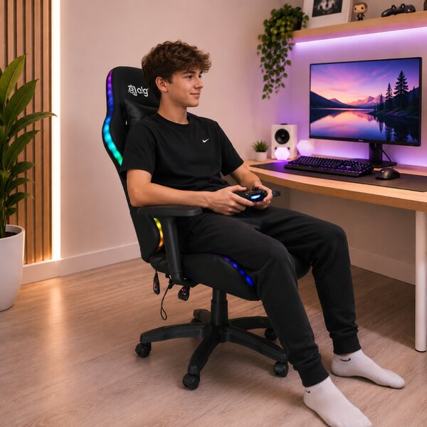Scaun gaming LED cu iluminare RGB, perne și cotiere reglabile