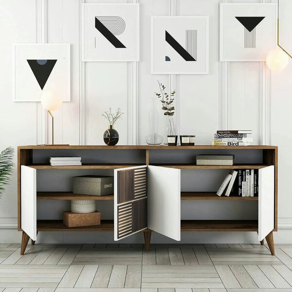 Comoda moderna living Milan, din PAL melaminat, alun/alb, 180x35x79 cm