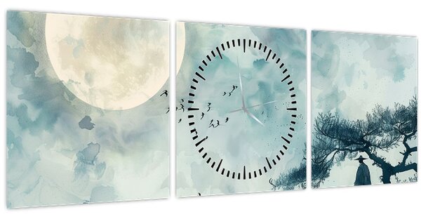Tablou - Pictură cu lună plină (cu ceas) (90x30 cm)