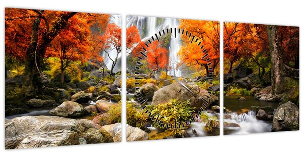 Tablou - Cascade în peisaj de toamnă, portocaliu (cu ceas) (90x30 cm)