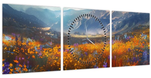 Tablou - Peisaj montan pictat II. (cu ceas) (90x30 cm)