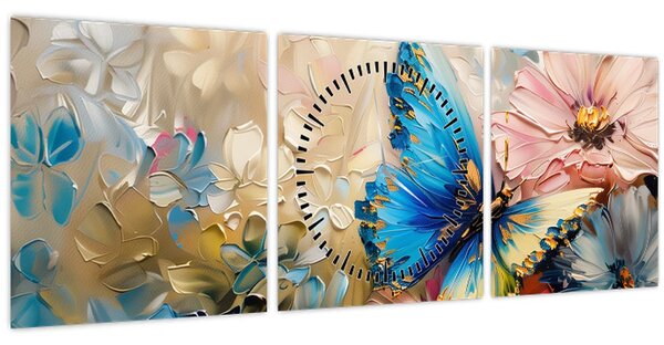 Tablou - Pictura de flori și fluturi (cu ceas) (90x30 cm)