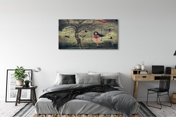 Tablouri canvas Copac păsări nori stâncă fată