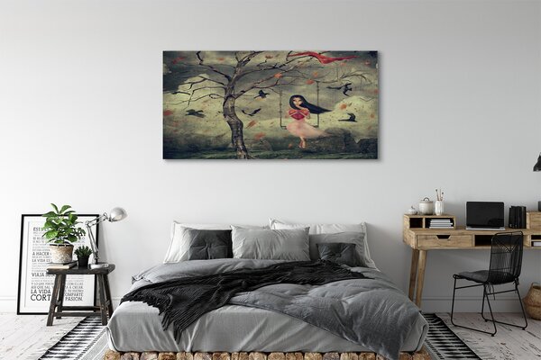 Tablouri canvas Copac păsări nori stâncă fată
