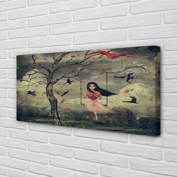 Tablouri canvas Copac păsări nori stâncă fată