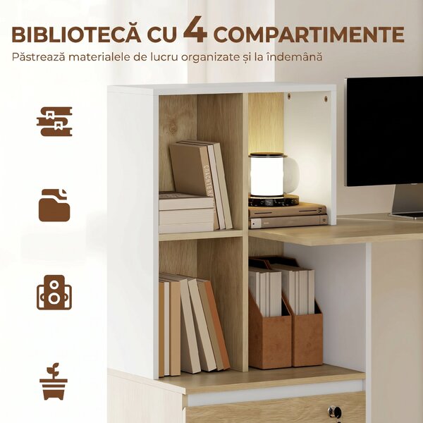 HOMCOM Birou cu Raft și Sertar cu Încuietoare și 2 Chei, Format A4, Letter, Legal, Birou Compact, 126x50x109 cm, Alb | Aosom Romania