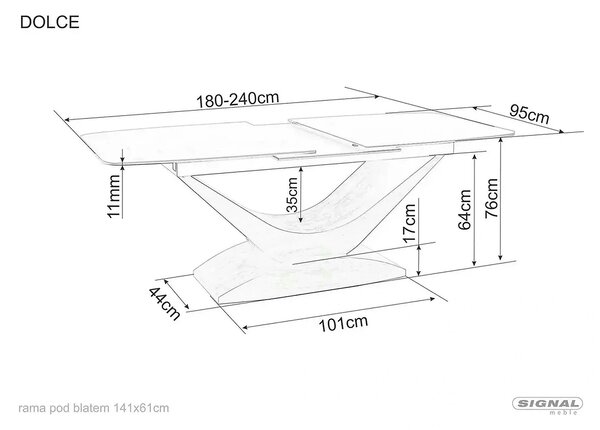 Masa sticla securizata DOLCE, gri mat/nuc, 180-240x95x76 cm