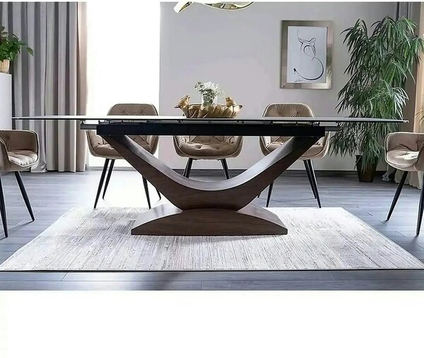 Masa sticla securizata DOLCE, gri mat/nuc, 180-240x95x76 cm