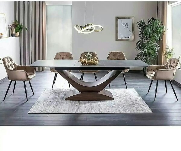 Masa sticla securizata DOLCE, gri mat/nuc, 180-240x95x76 cm