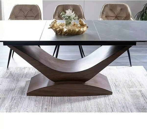 Masa sticla securizata DOLCE, gri mat/nuc, 180-240x95x76 cm