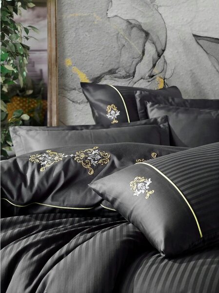 Set lenjerie pat dublu KING, bumbac, negru, 240x260 cm, cu cearceaf pa